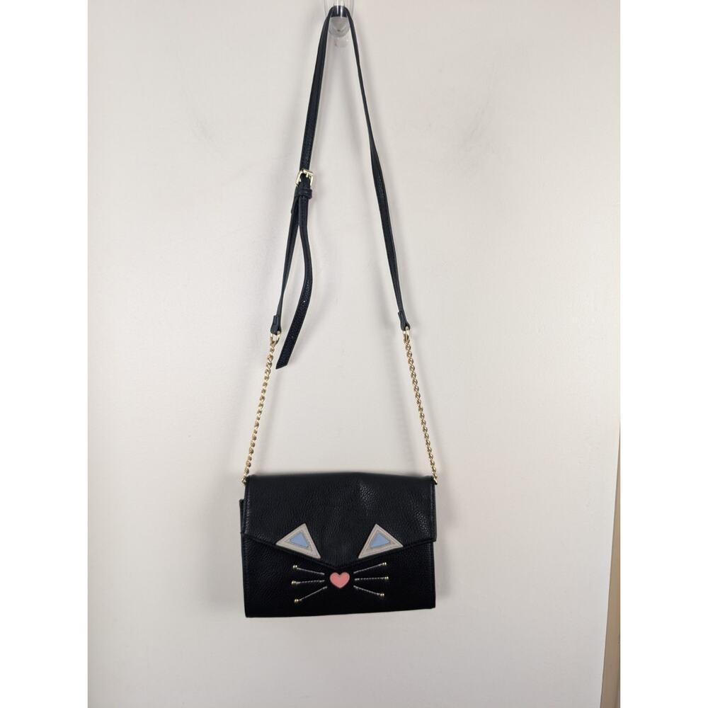 Charming Charlie Black Cat Purse Faux Leather Gold Chain Envelope Crossbody 7x9"